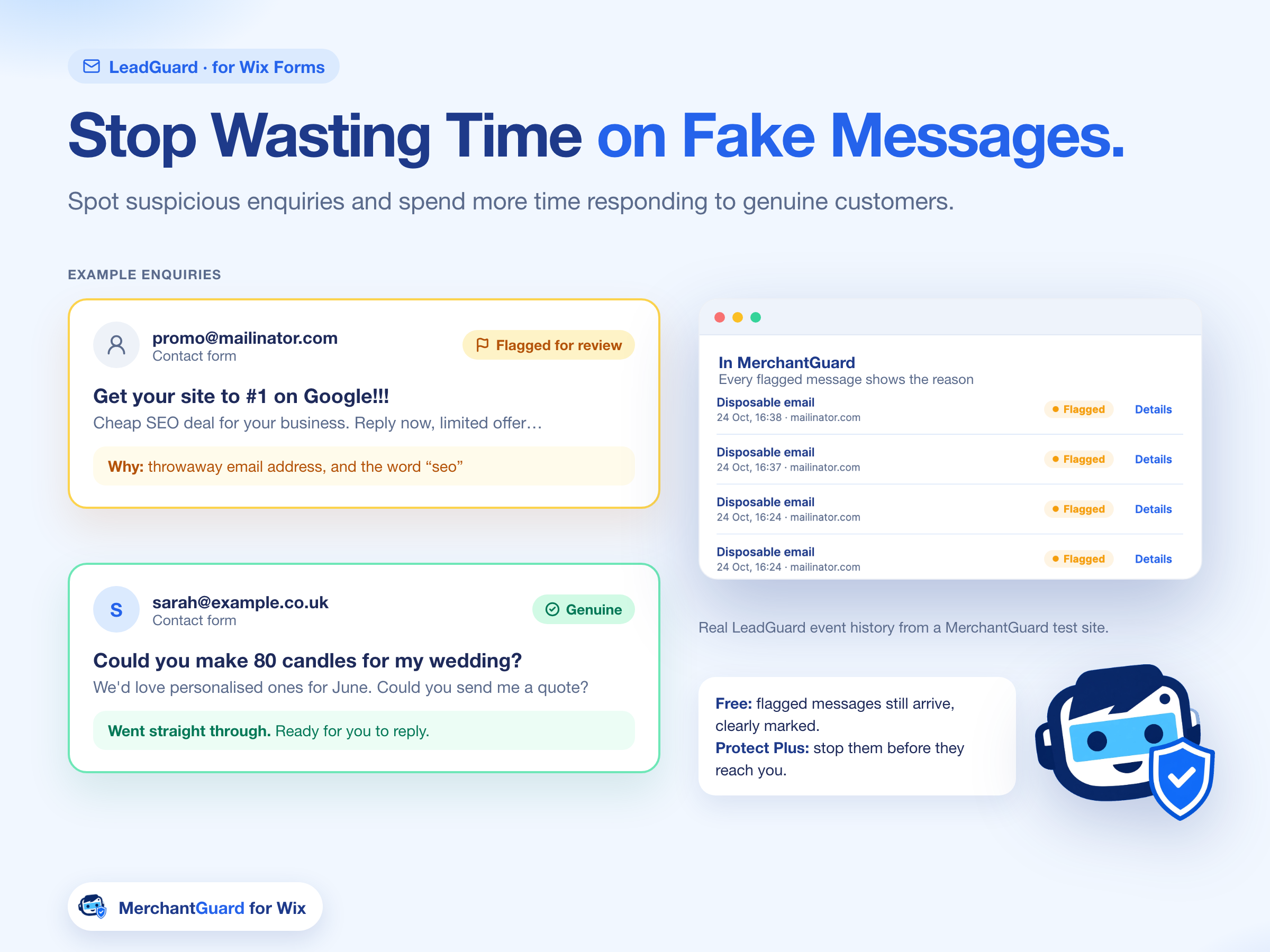 LeadGuard for Wix Forms. A throwaway SEO message is flagged for review with the reason shown. A real wedding enquiry from sarah@example.co.uk goes straight through. On Free, flagged messages still arrive, clearly marked. Protect Plus stops them before they reach you.