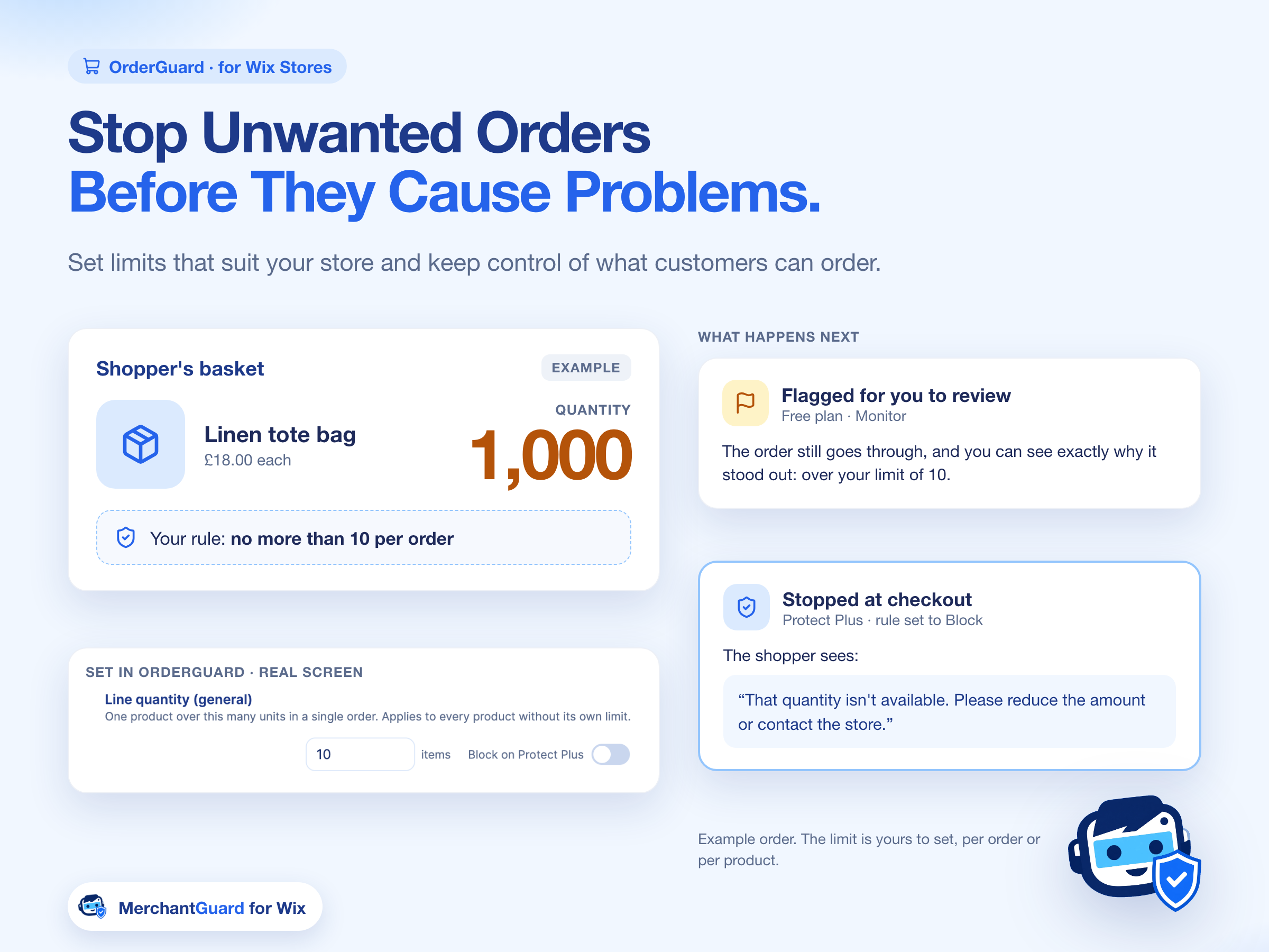OrderGuard for Wix Stores. A shopper tries to order 1,000 linen tote bags. Your rule is no more than 10 per order. On the Free plan the order is flagged for review. On Protect Plus it is stopped at checkout and the shopper is asked to reduce the quantity.